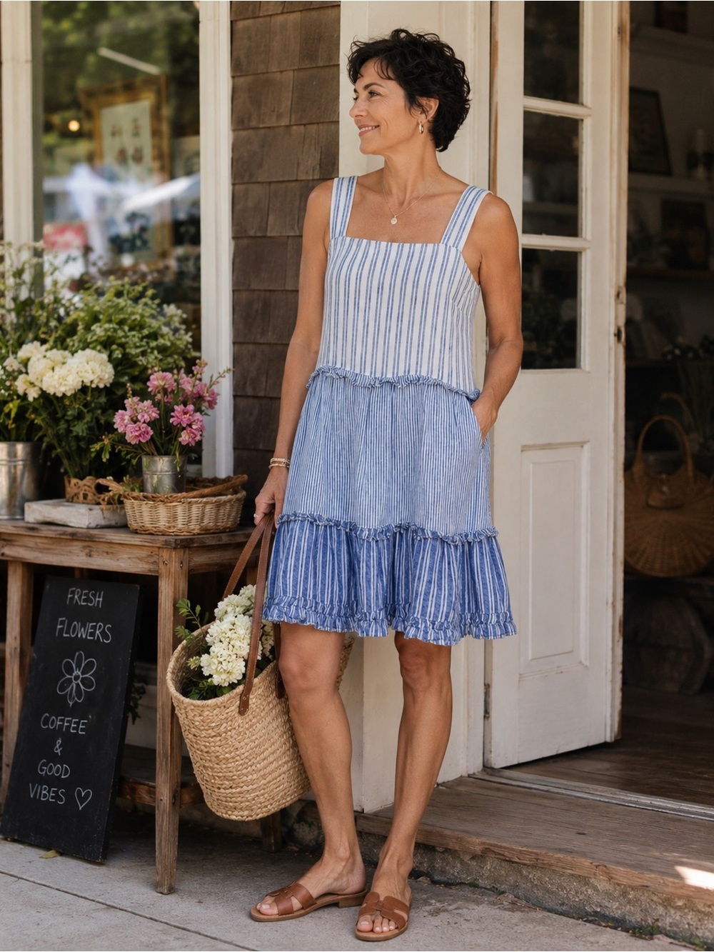 Rails Sandy Dress Small Blue Stripe Linen Blend Tiered Coastal Mini Sundress
